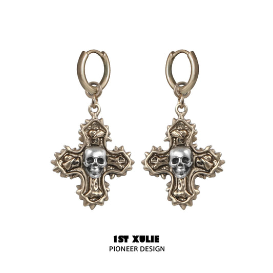 1STXULIE Y2K cross earrings featuring intricate design and skull accents for trendy fashion lovers