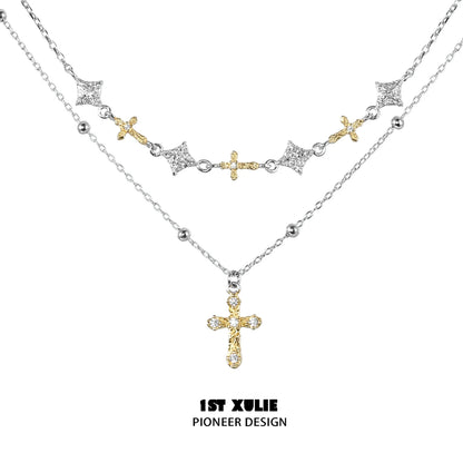 1ST XULIE Y2K cross necklace featuring layered designs with sparkling accents