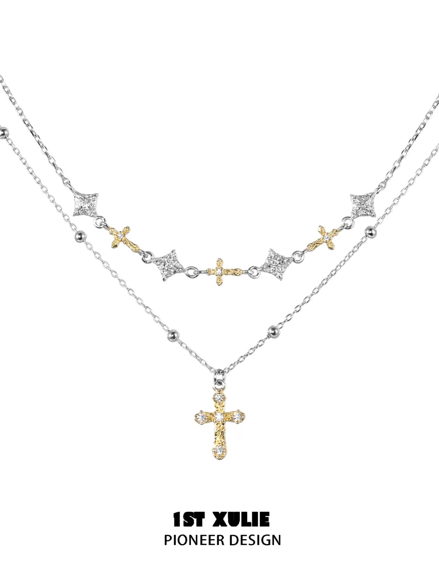 Y2K cross necklace featuring layered silver and gold chains with sparkling cross pendants