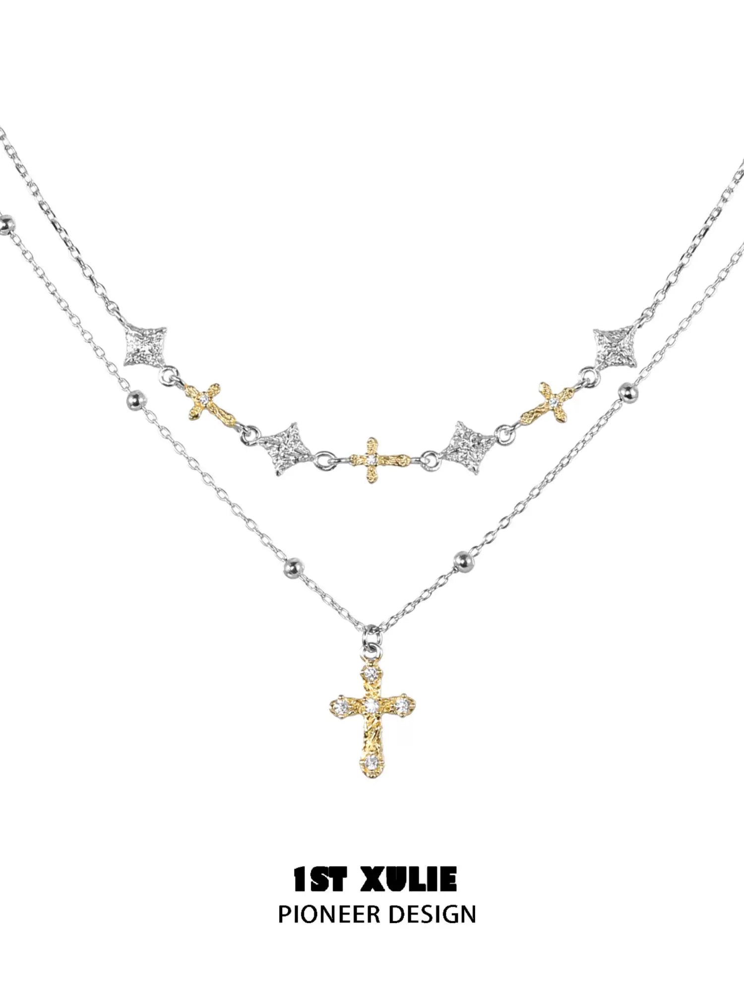 Y2K cross necklace featuring layered silver and gold chains with sparkling cross pendants