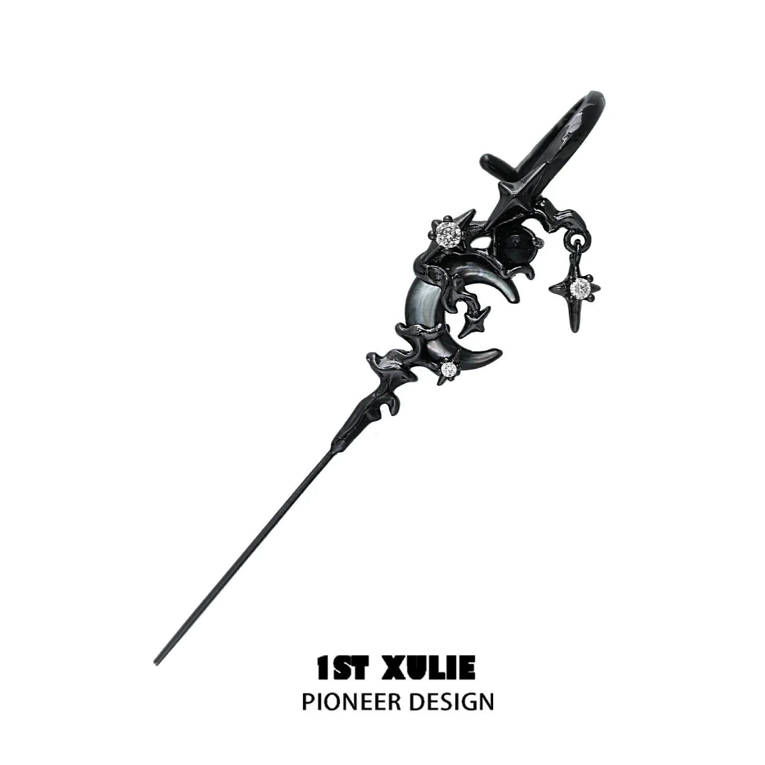Y2K dark moon ear piercing in black with stars and sparkly details for a trendy look
