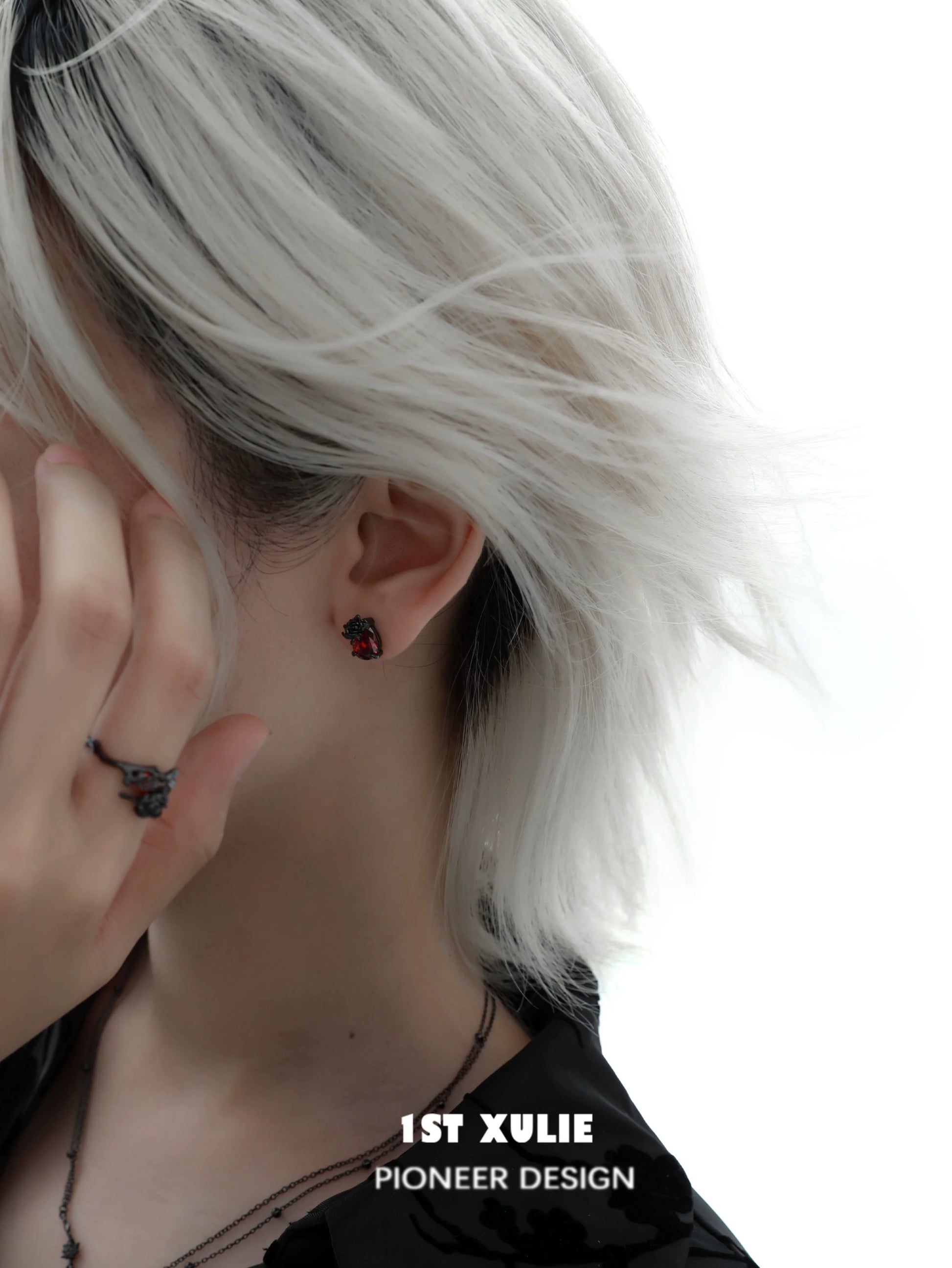 Y2K dark rose earrings showcased on a model with stylish hair and a minimalist outfit