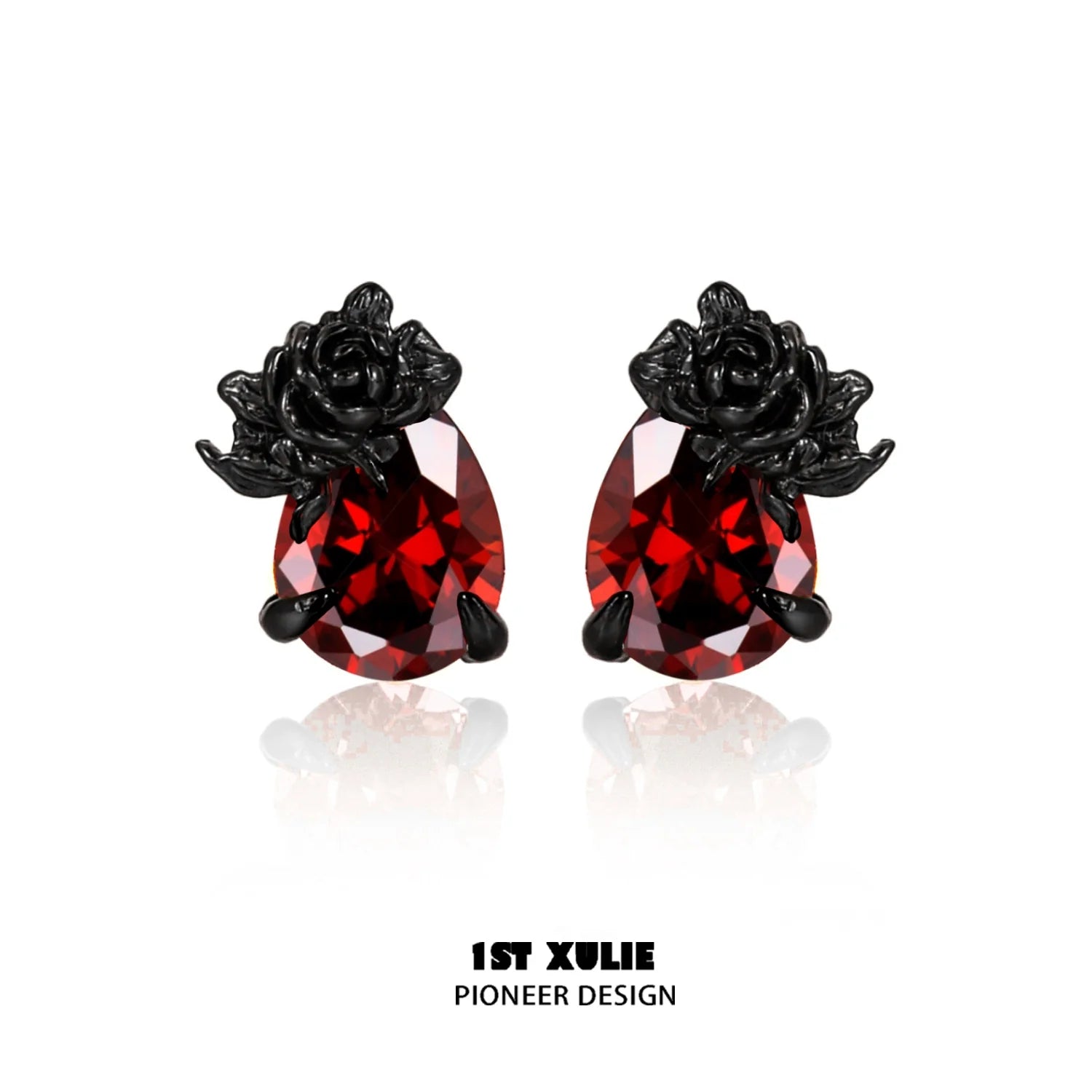 Y2K dark rose earrings featuring black rose accents and red gem drops for a trendy look