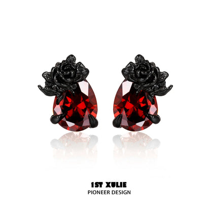 Y2K dark rose earrings featuring black rose accents and red gem drops for a trendy look
