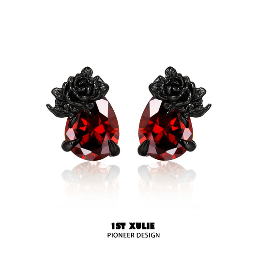 Y2K dark rose earrings featuring black rose accents and red gem drops for a trendy look