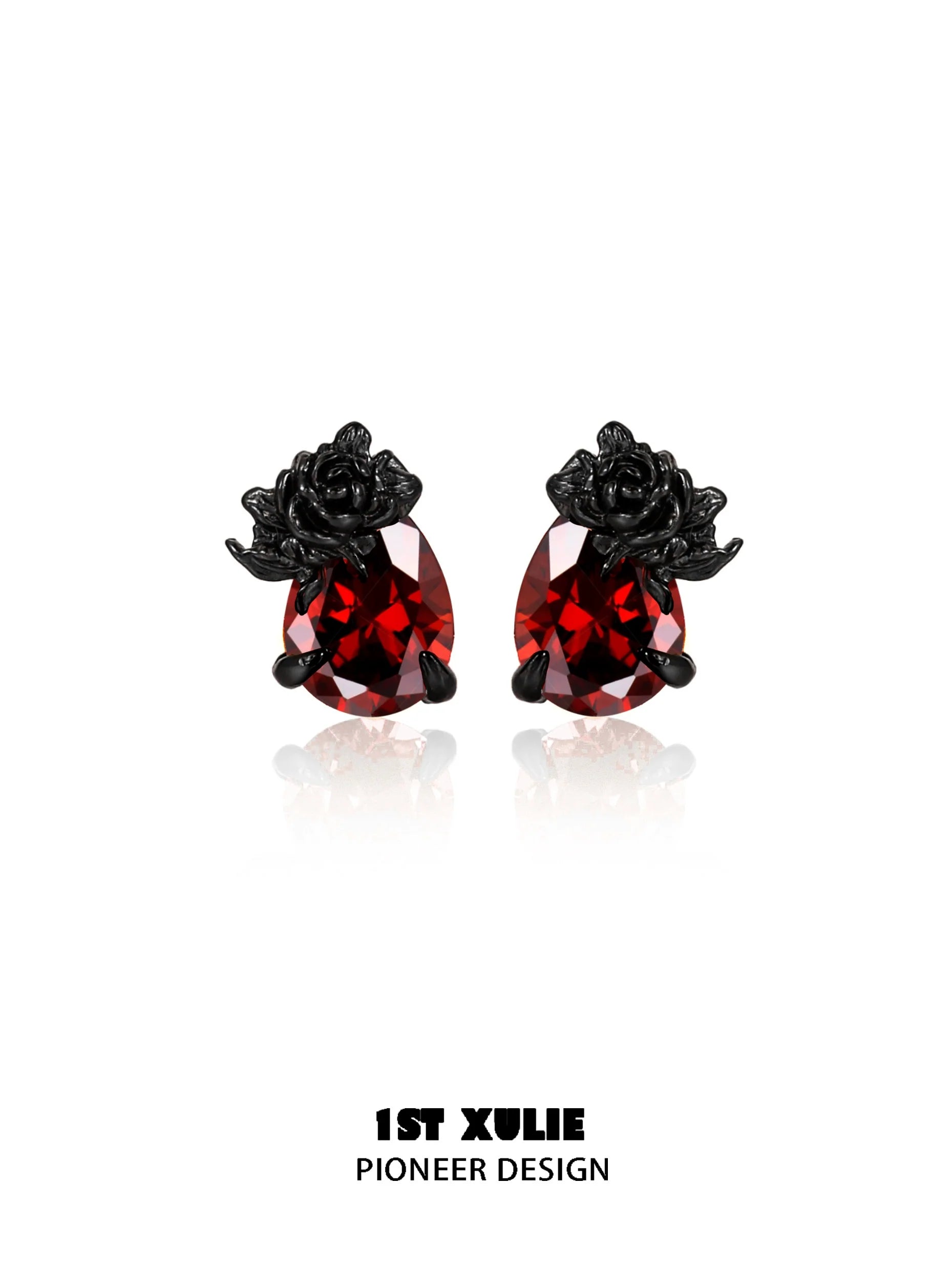 Y2K dark rose earrings with red gemstones and intricate floral design for stylish accessories