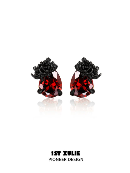 Y2K dark rose earrings with red gemstones and intricate floral design for stylish accessories