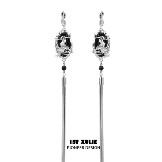 Y2K dark tassel earrings featuring unique silver detailing and elongated design for a stylish look