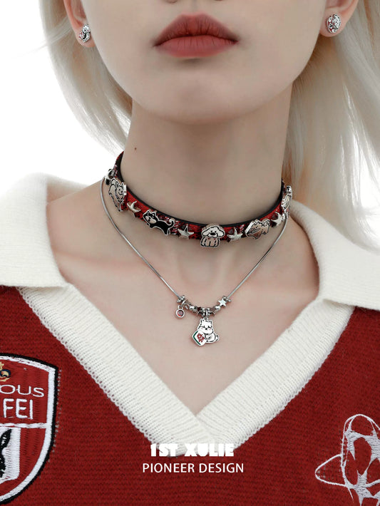 Layered Y2K dog pendant necklace paired with a stylish choker for trendy fashion enthusiasts