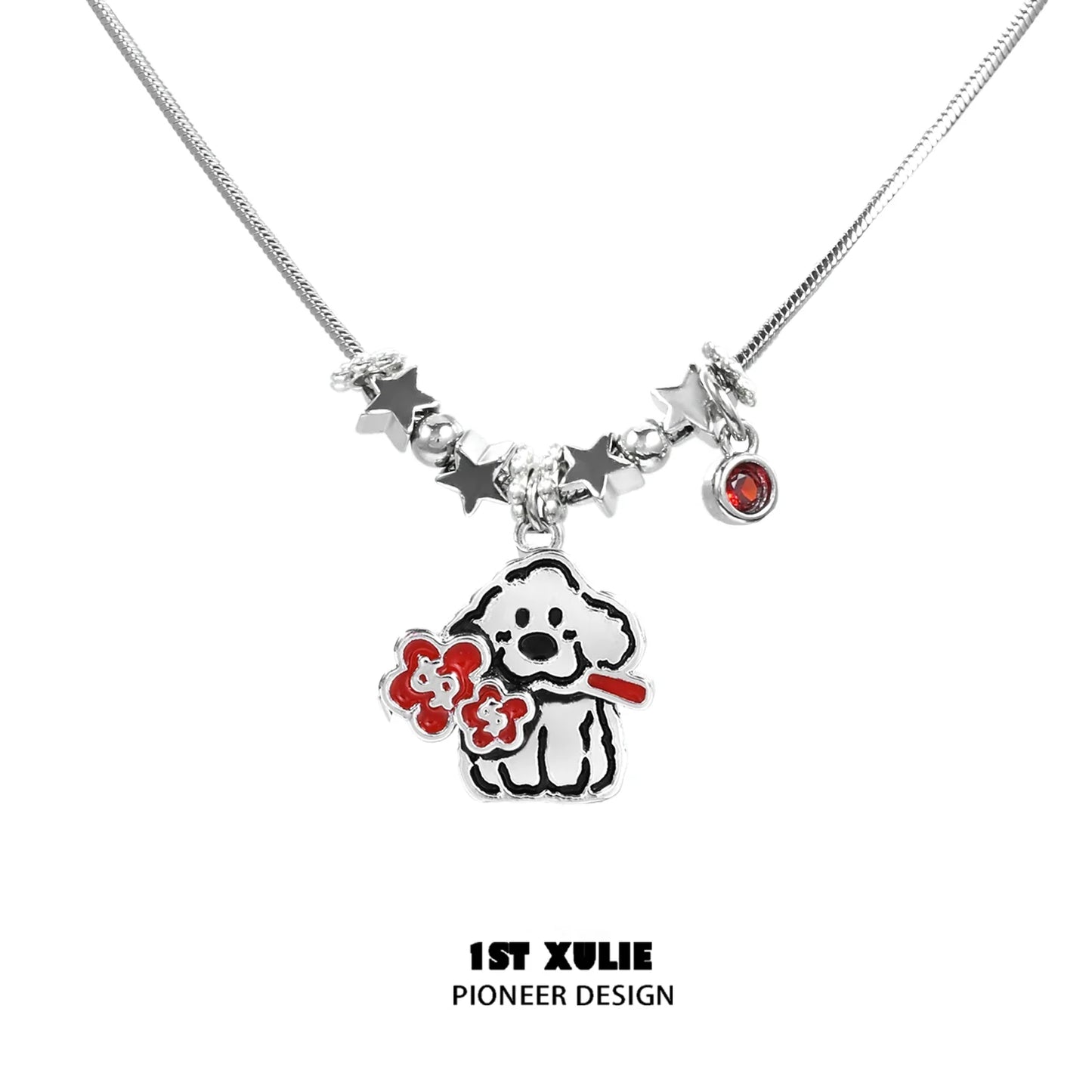 Y2K dog pendant necklace with colorful charms and silver chain, perfect for trendy fashion enthusiasts