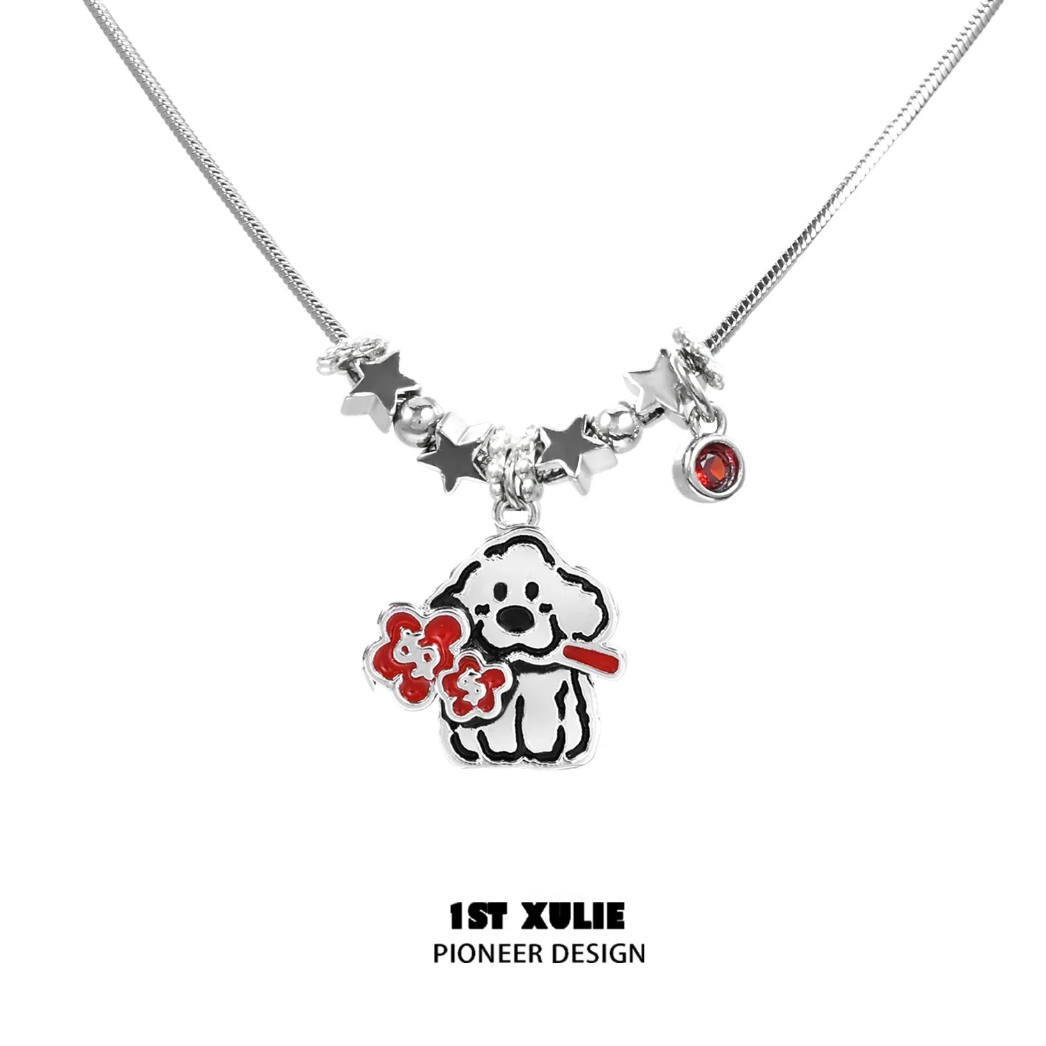 Y2K dog pendant necklace with colorful charms and silver chain, perfect for trendy fashion enthusiasts