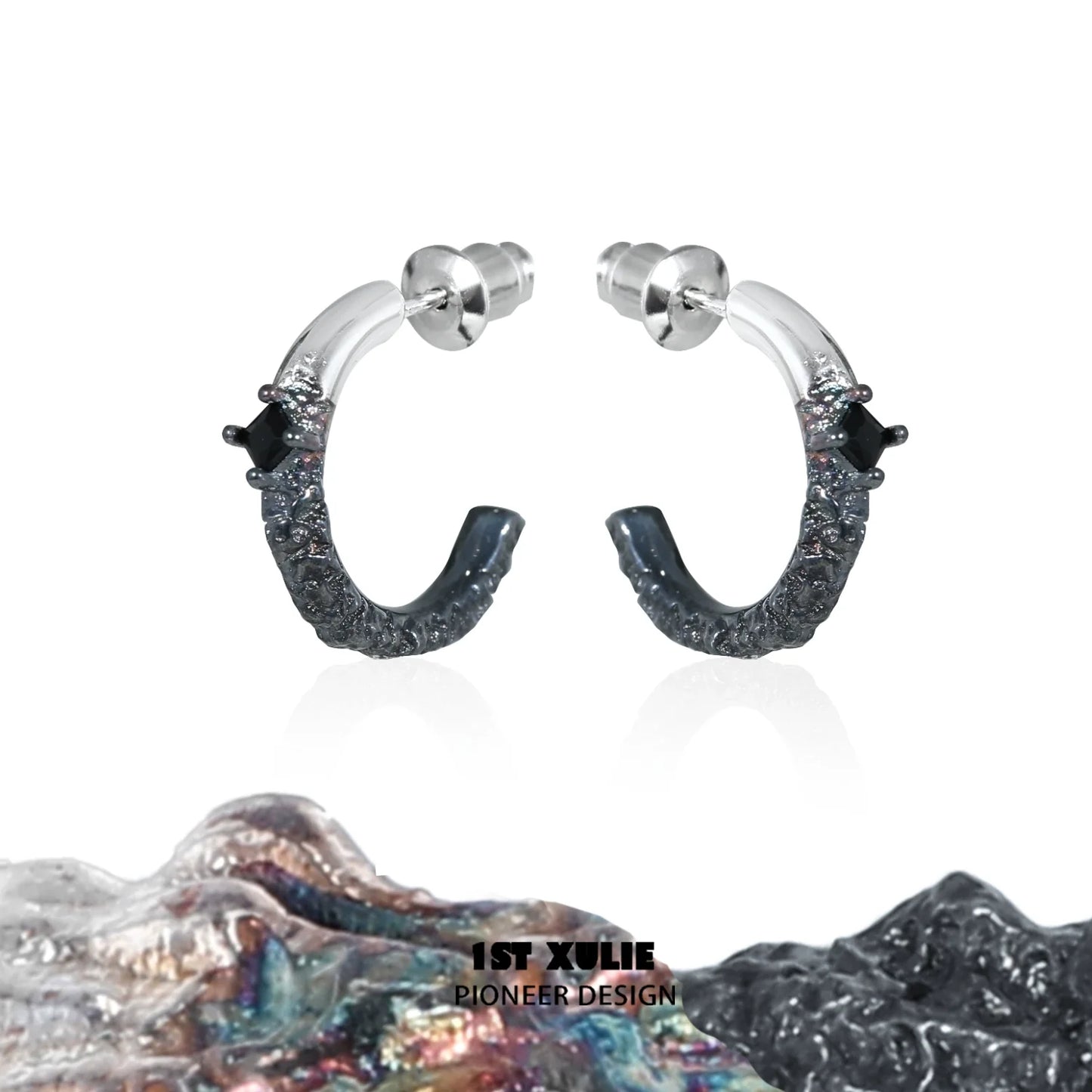 Y2K fire earrings in silver and black finish with a unique textured design for trendy looks