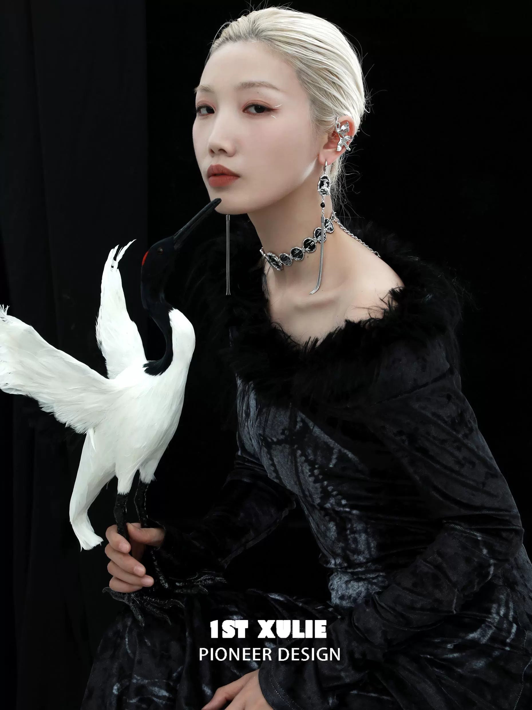 Model wearing a Y2K floating choker necklace with elegant design and unique styling, complementing dark attire