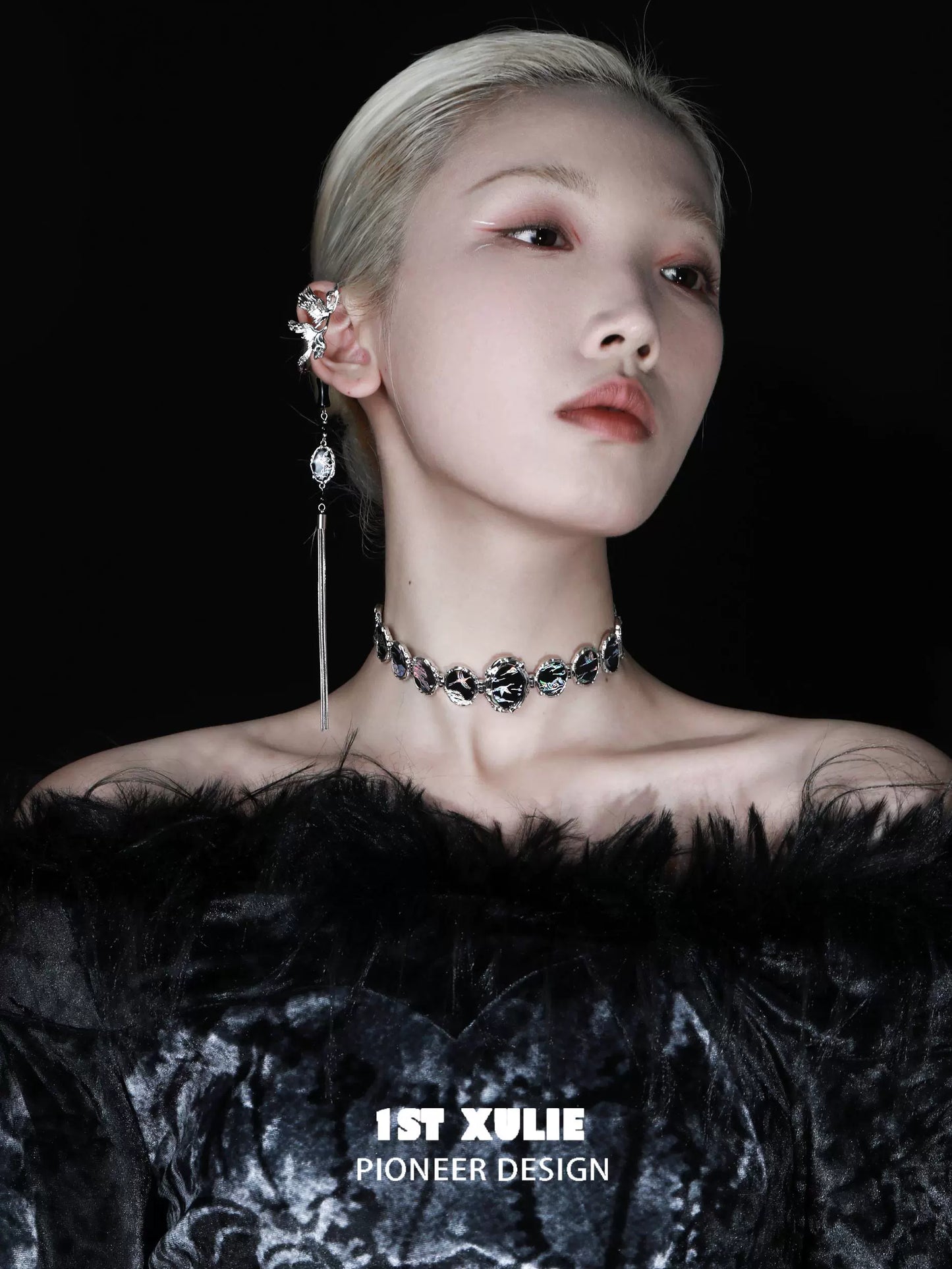 Elegant model wearing a Y2K floating choker necklace with shimmering gemstones for a chic look