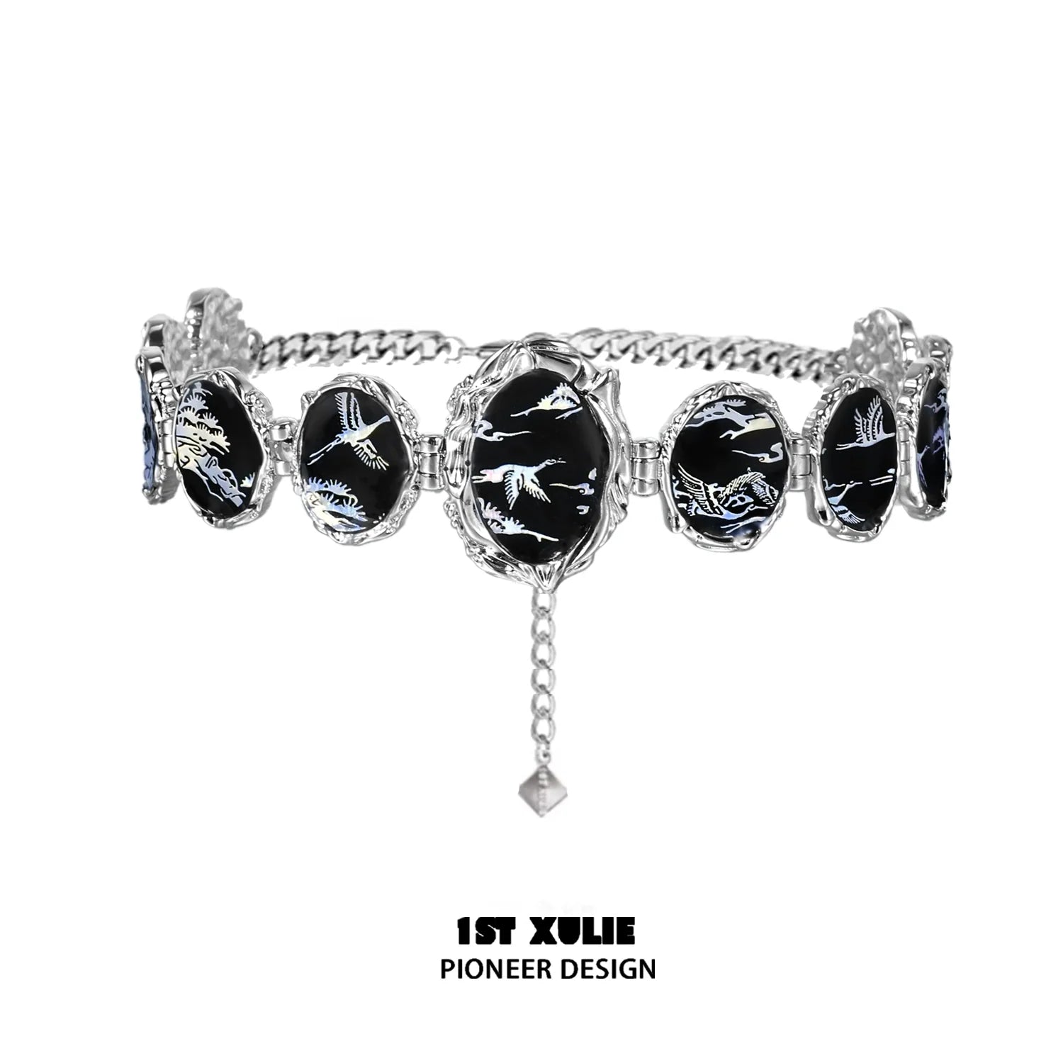 Y2K floating choker necklace with silver accents and black decorative stones for trendy style
