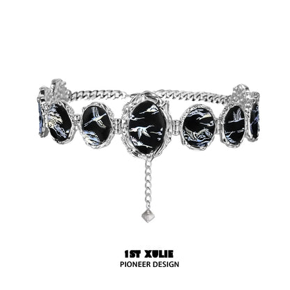 Y2K floating choker necklace with silver accents and black decorative stones for trendy style
