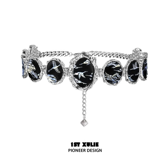 Y2K floating choker necklace with silver accents and black decorative stones for trendy style