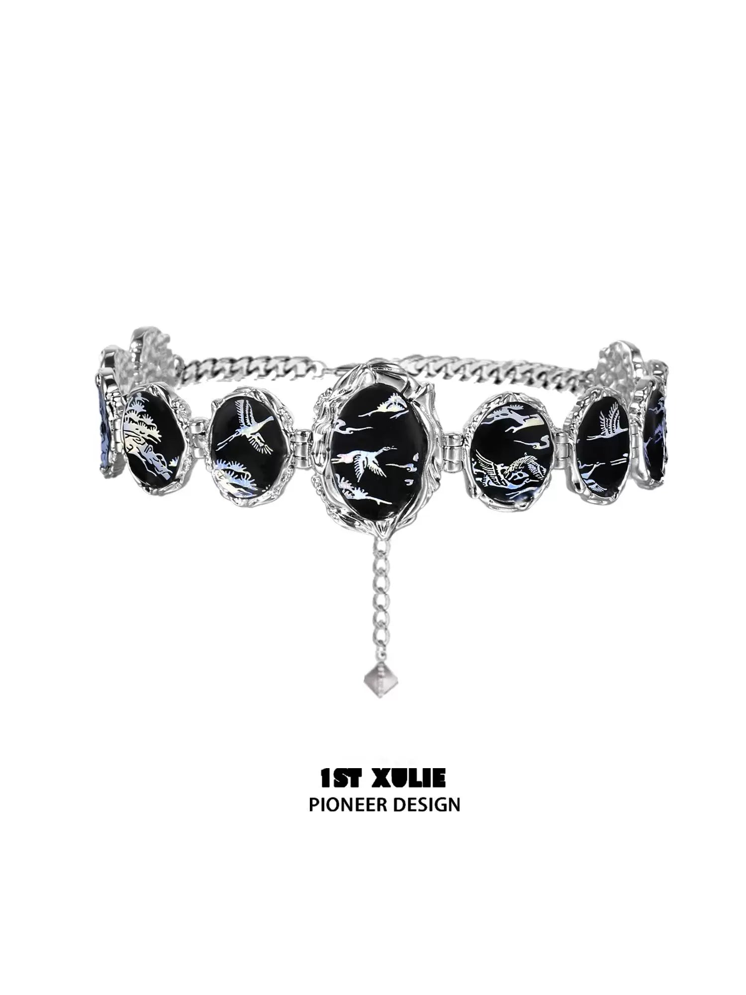 Y2K floating choker necklace featuring black stones with silver designs for trendy outfits