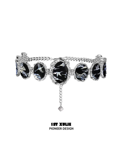 Y2K floating choker necklace featuring black stones with silver designs for trendy outfits