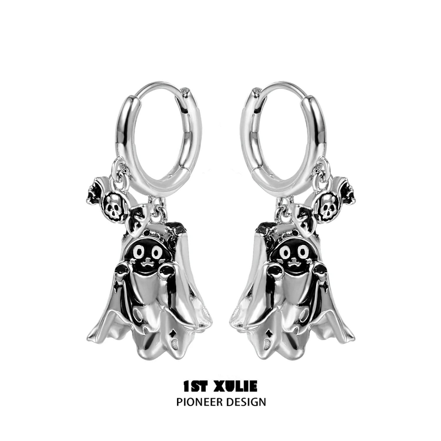 Y2K ghost black cat earrings featuring a playful ghost and skull design in silver