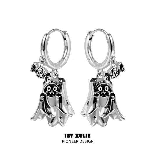 Y2K ghost black cat earrings featuring a playful ghost and skull design in silver
