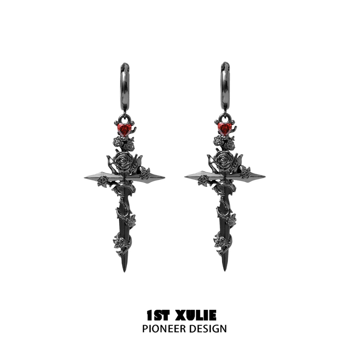 1ST XULIE Y2K gothic cross earrings featuring black metal and red rose details for a bold look