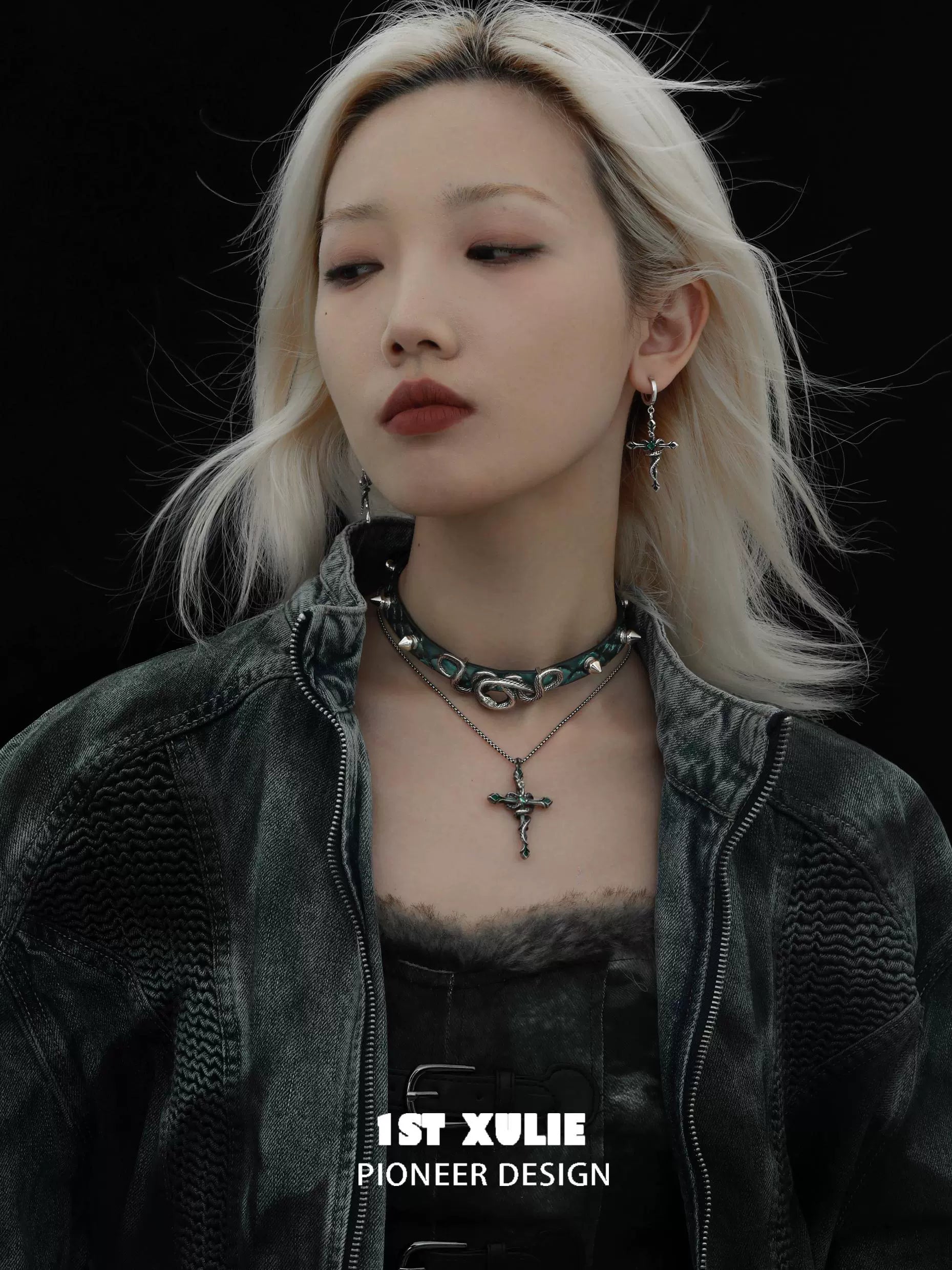 Model wearing Y2K gothic cross earrings paired with dark aesthetic outfit and choker