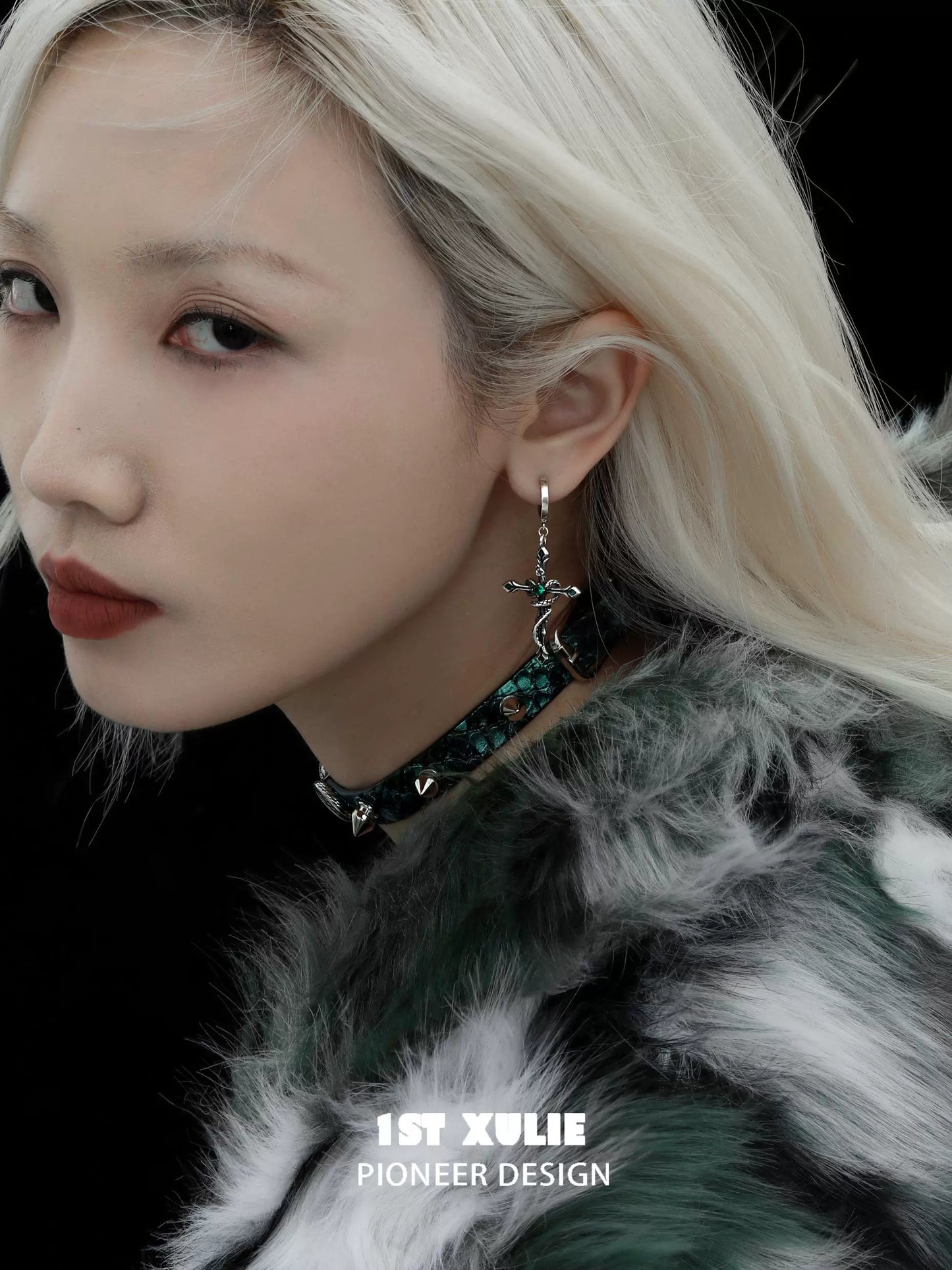 1STXULIE Y2K gothic cross earrings displayed on model with long hair and stylish outfit