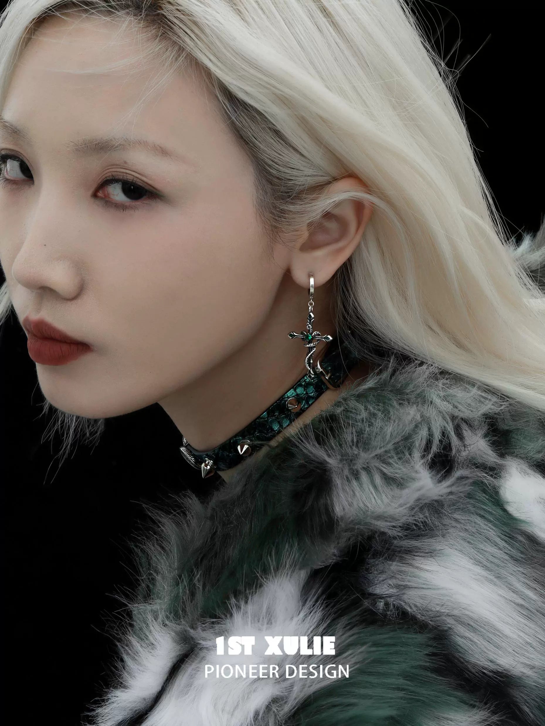 1STXULIE Y2K gothic cross earrings displayed on model with long hair and stylish outfit