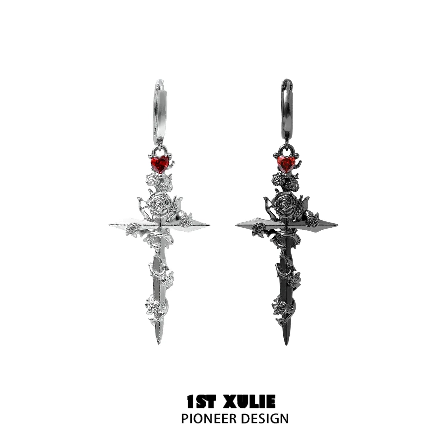 Y2K gothic cross earrings in silver and black with rose details and red heart gemstones