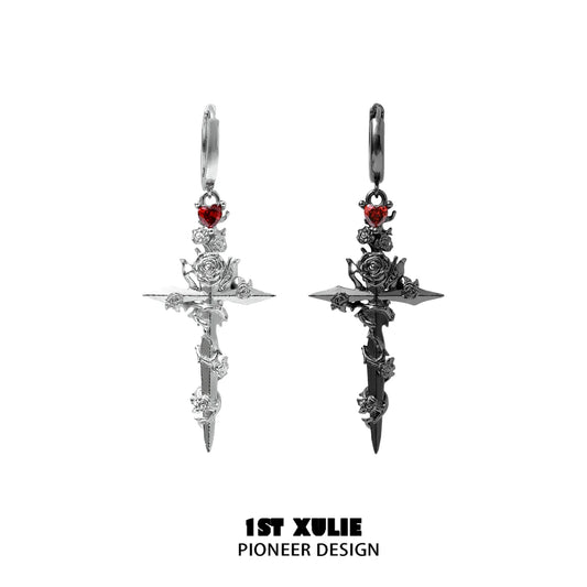 Y2K gothic cross earrings in silver and black with rose details and red heart gemstones
