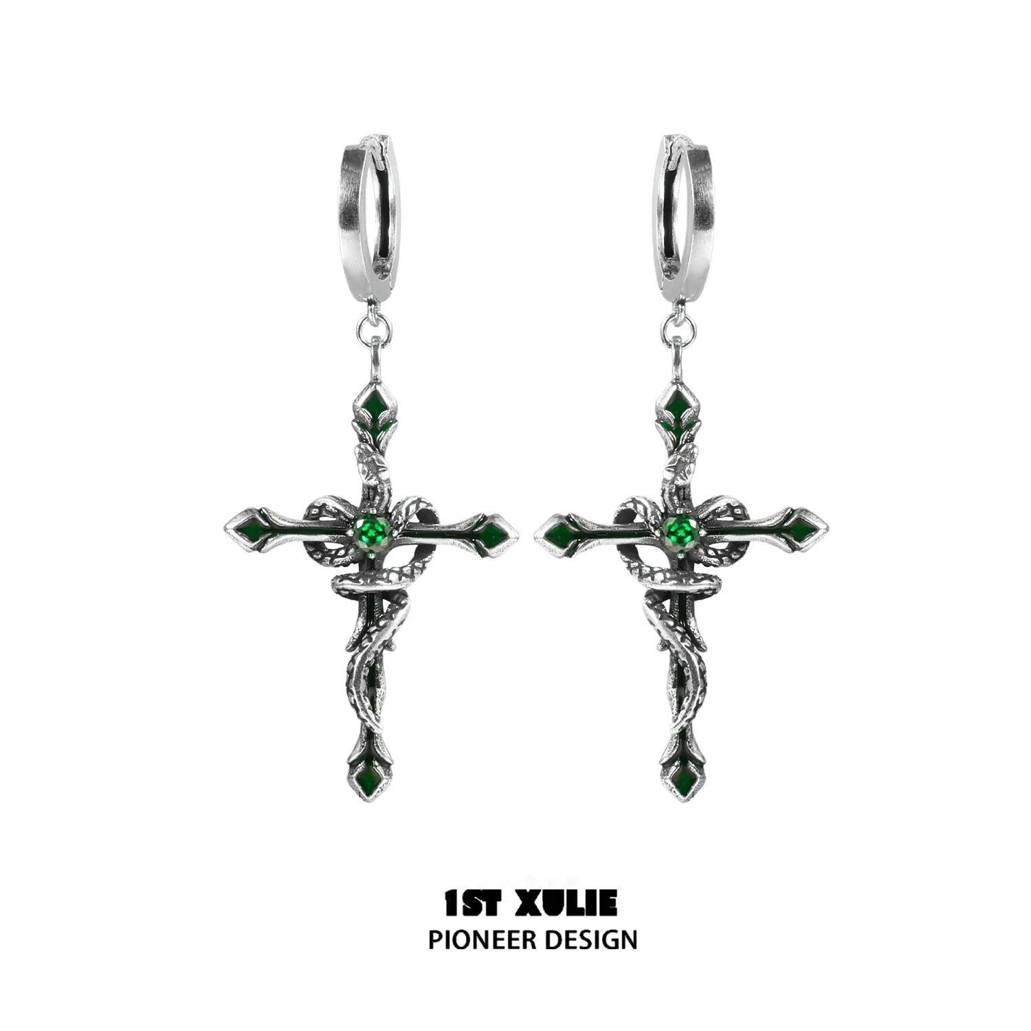 1ST XULIE Y2K gothic cross earrings with intricate design and green accents for stylish accessorizing