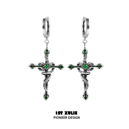 1ST XULIE Y2K gothic cross earrings with intricate design and green accents for stylish accessorizing