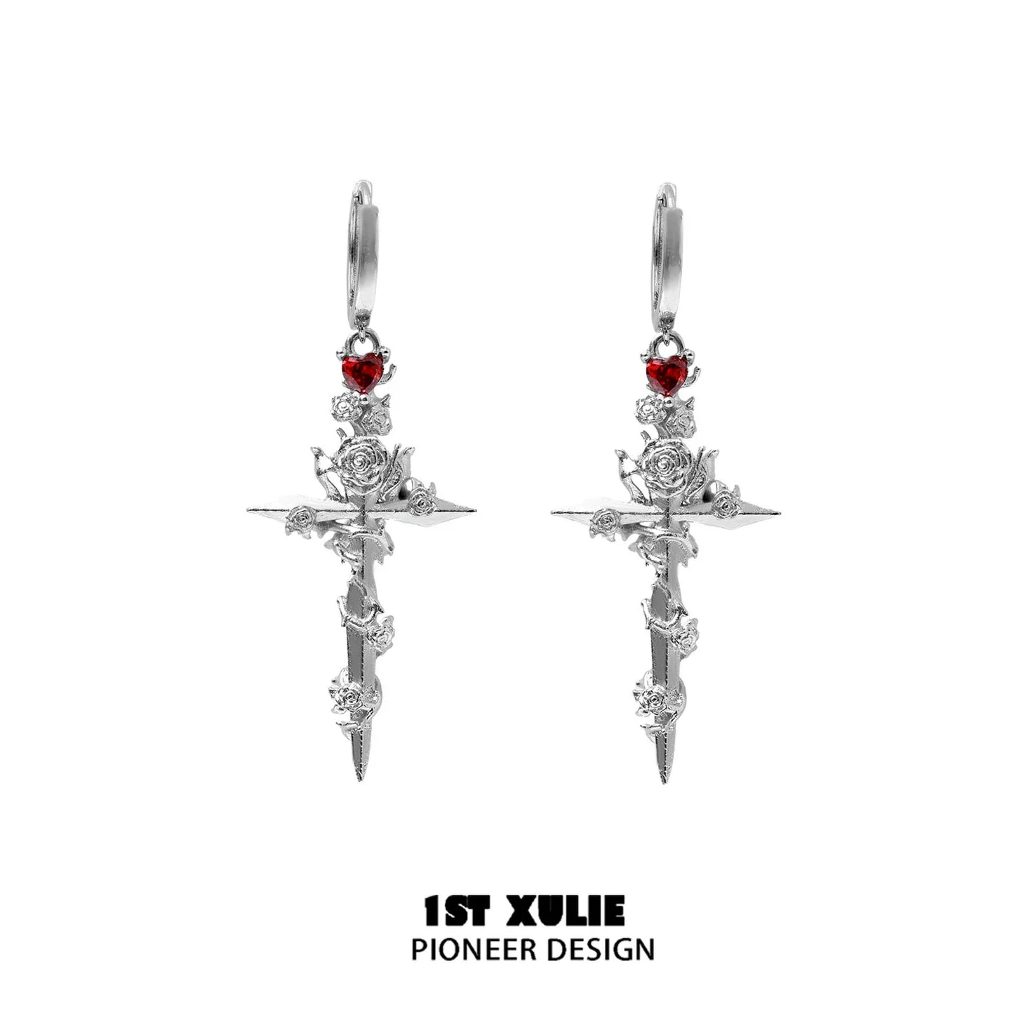 Stylish Y2K gothic cross earrings featuring red rose accents and heart details