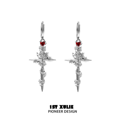 Stylish Y2K gothic cross earrings featuring red rose accents and heart details