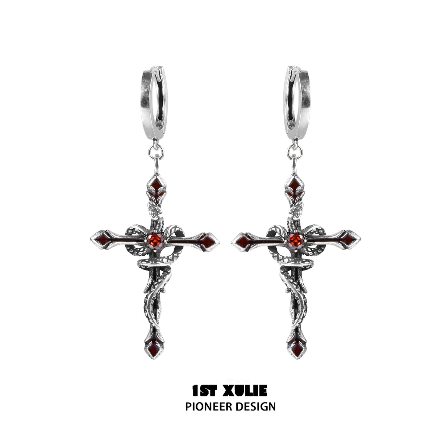1ST XULIE Y2K gothic cross earrings in silver with red accents and a bold design