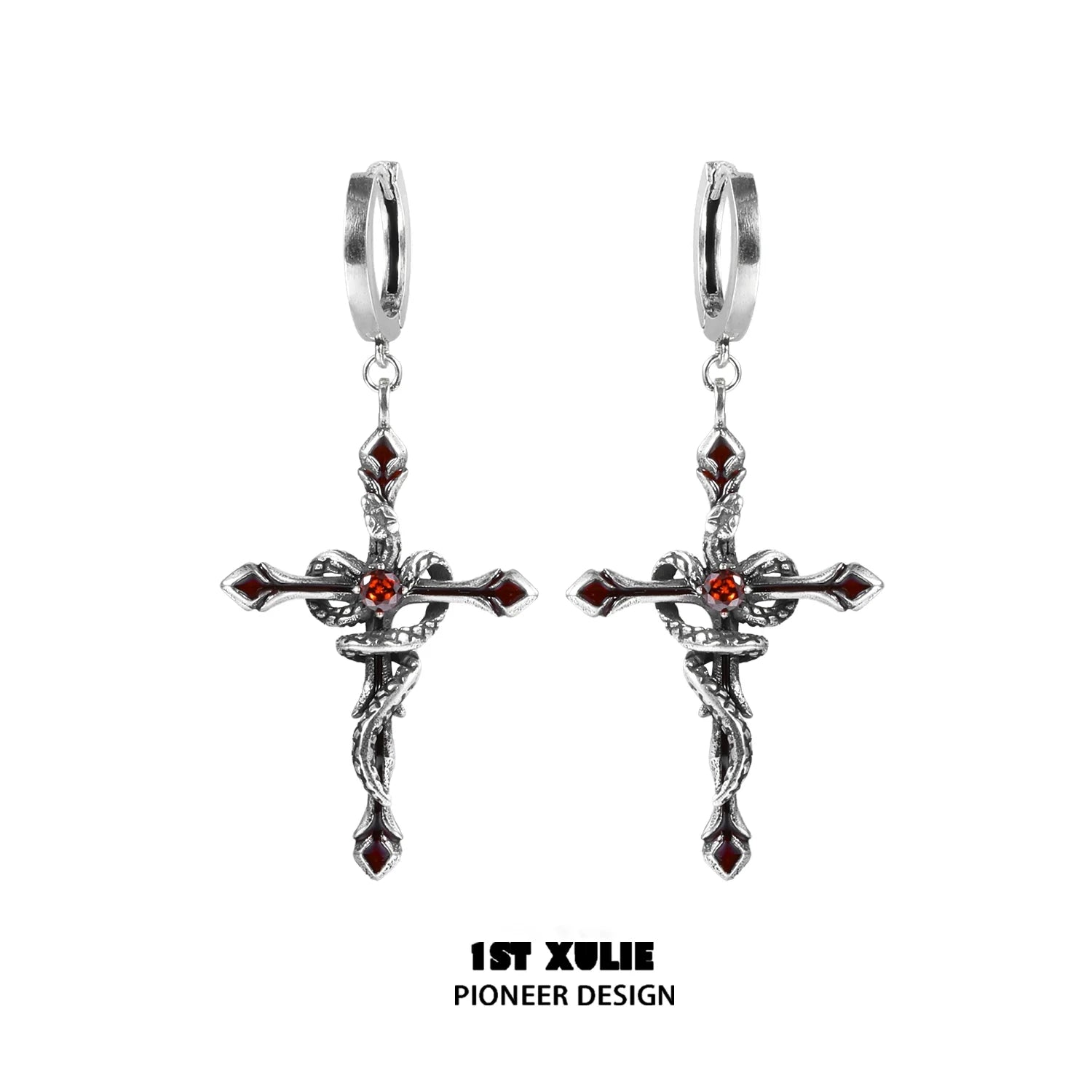 1ST XULIE Y2K gothic cross earrings in silver with red accents and a bold design