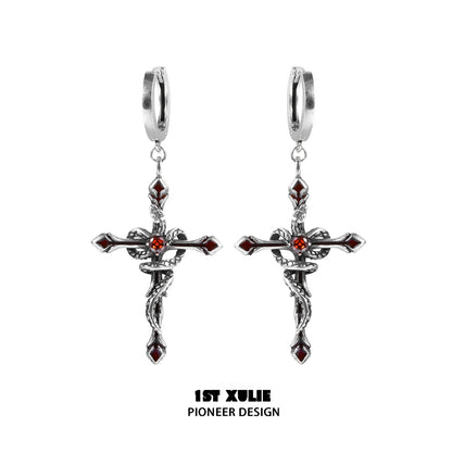 1ST XULIE Y2K gothic cross earrings in silver with red accents and a bold design