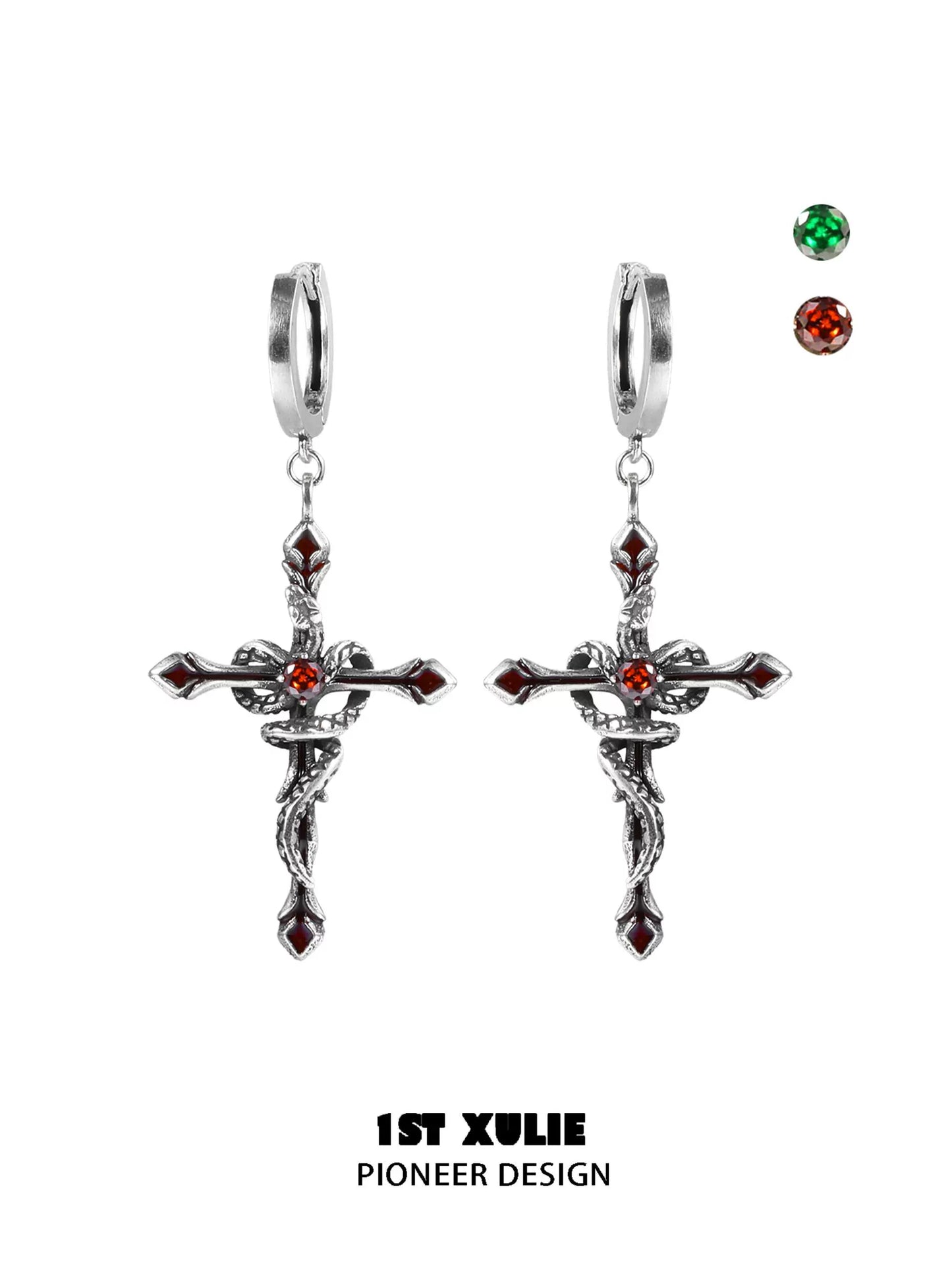 Y2K gothic cross earrings in silver with red gemstone accents for a bold statement look