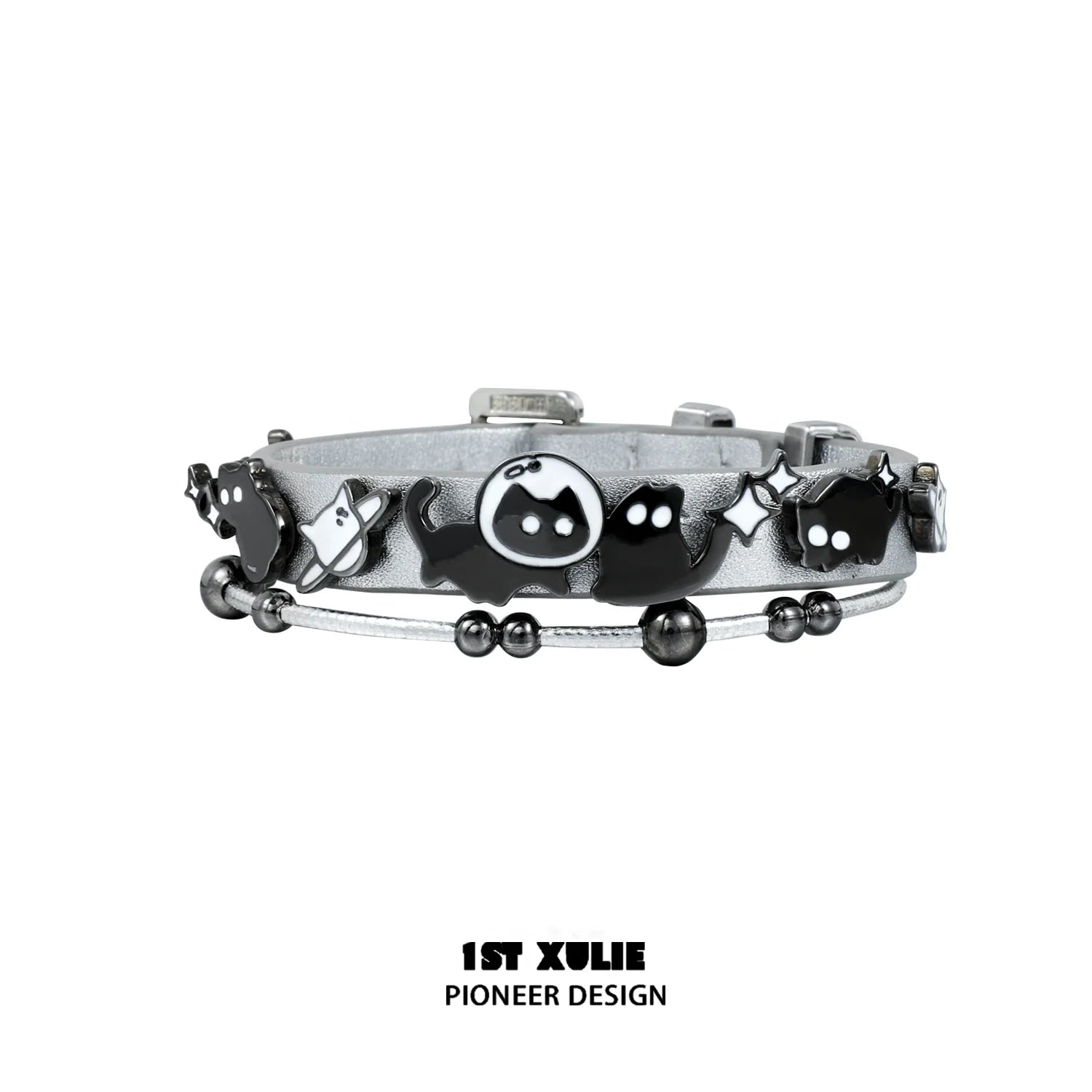 Y2K kitty leather bracelet featuring playful black cat charms and stylish silver accents