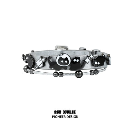 Y2K kitty leather bracelet featuring playful black cat charms and stylish silver accents
