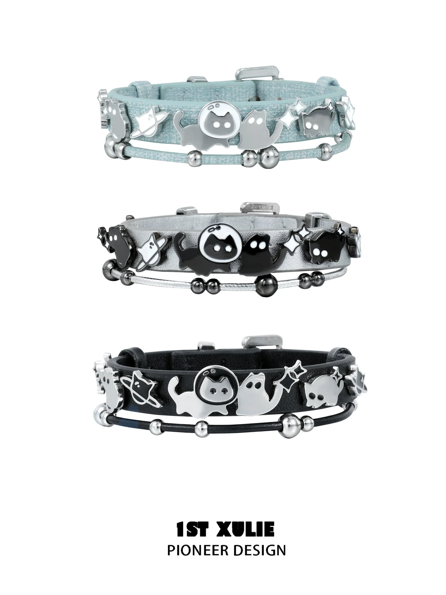 Y2K kitty leather bracelet set featuring three stylish designs with playful cat motifs