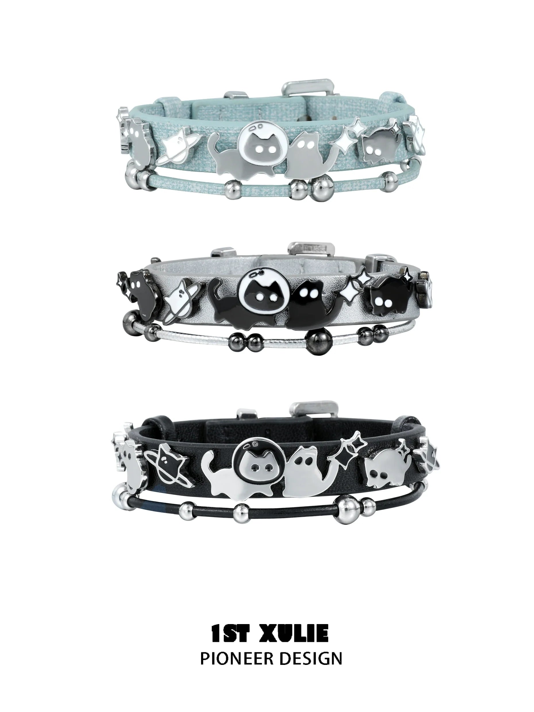 Y2K kitty leather bracelet set featuring three stylish designs with playful cat motifs