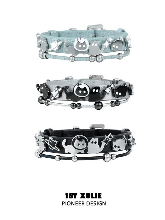 Y2K kitty leather bracelet set featuring three stylish designs with playful cat motifs
