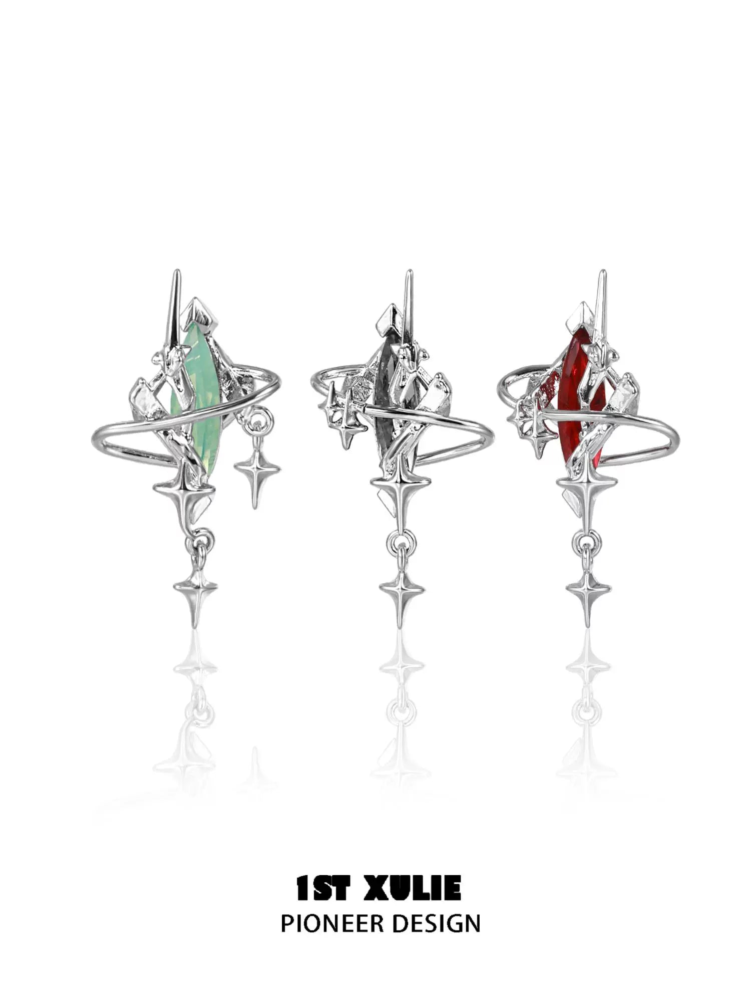 Y2K mystic earrings in silver featuring green and red gemstone accents for a trendy look