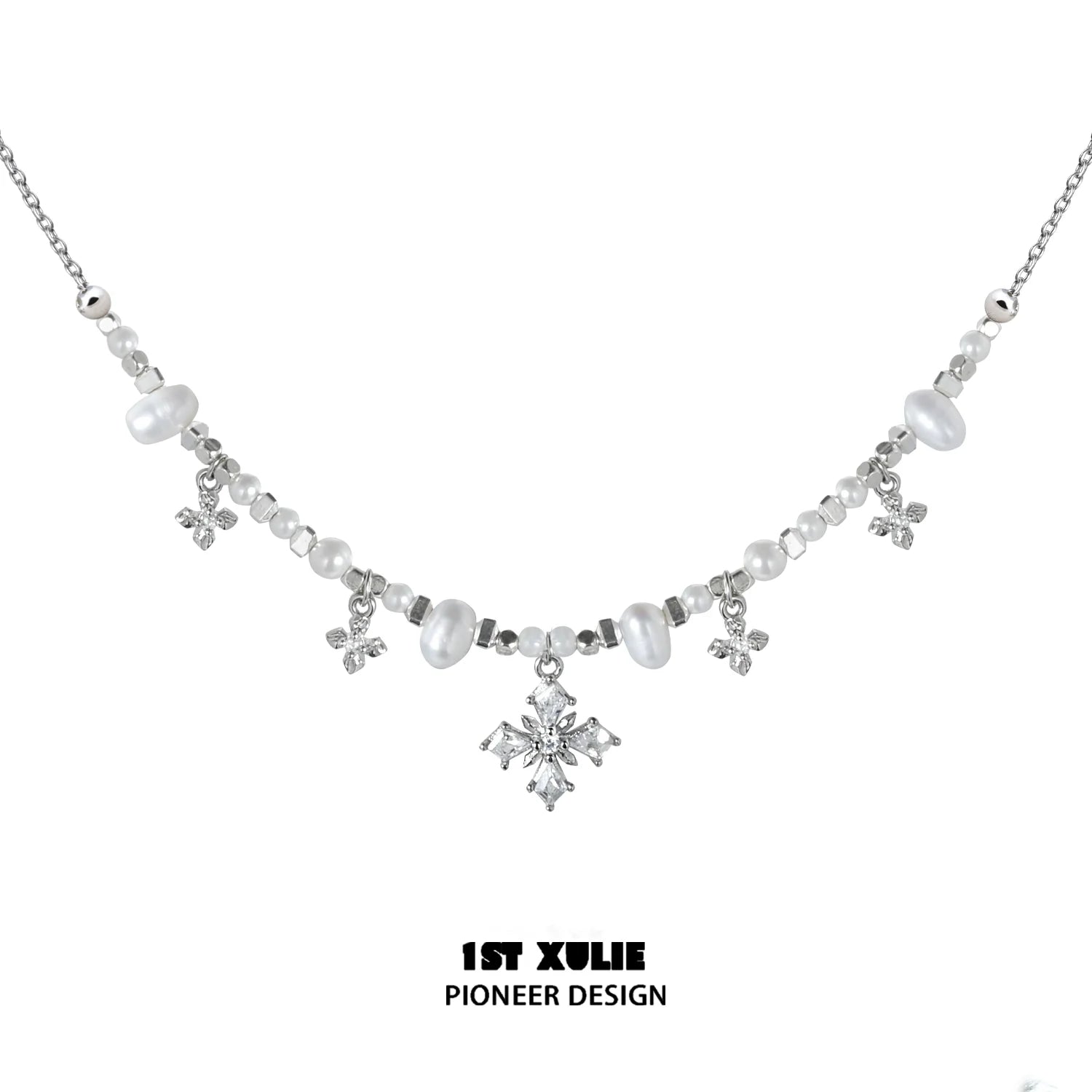 Y2K pearl necklace with crystal snowflake charms and silver chain from 1STXULIE