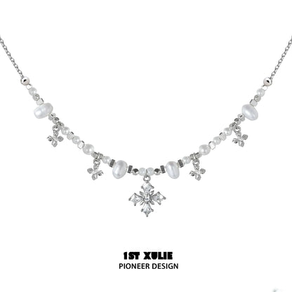 Y2K pearl necklace with crystal snowflake charms and silver chain from 1STXULIE