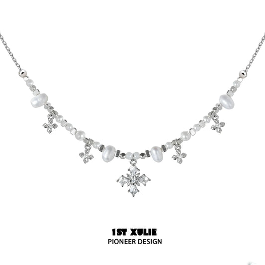 Y2K pearl necklace with crystal snowflake charms and silver chain from 1STXULIE