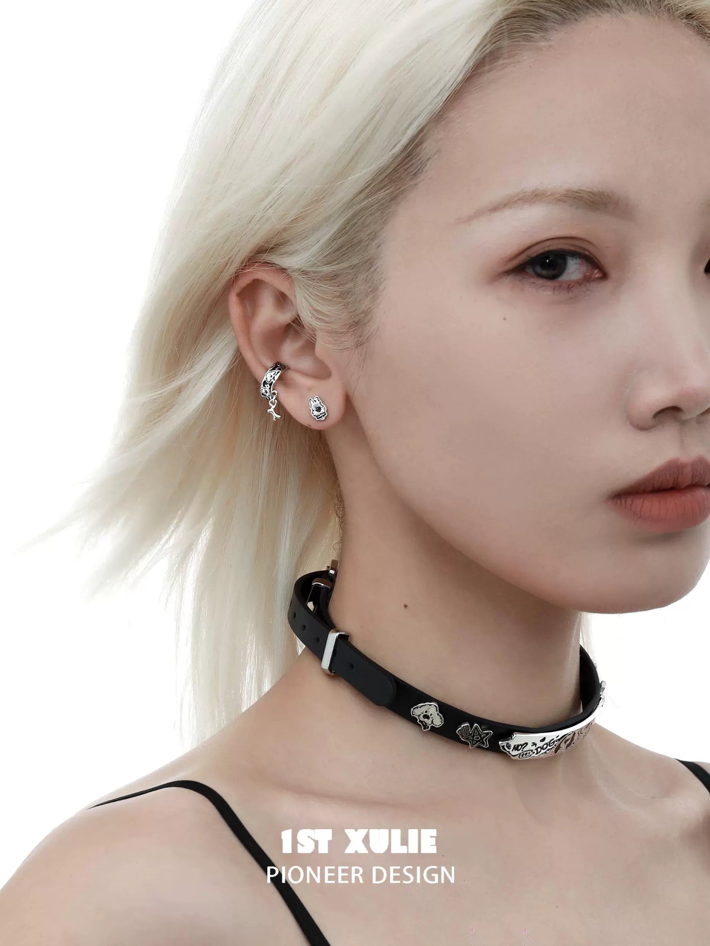 Fashionable Y2K puppy chain earrings paired with a stylish choker for a trendy look