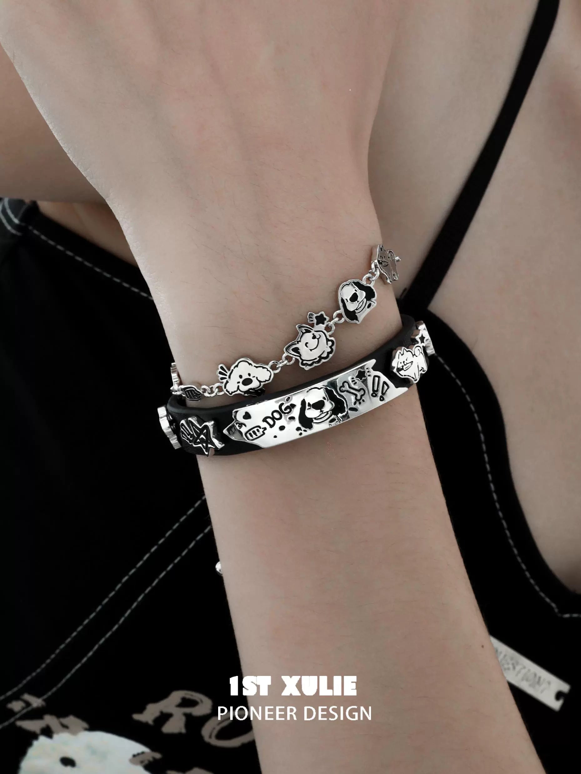 Y2K puppy leather bracelet featuring playful dog designs for a trendy accessory look